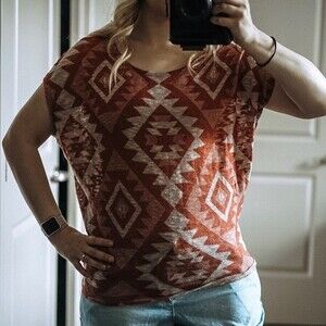Forever 21 Rust Aztec Western Boho Stretchy Dolman Short Sleeved Top Size S